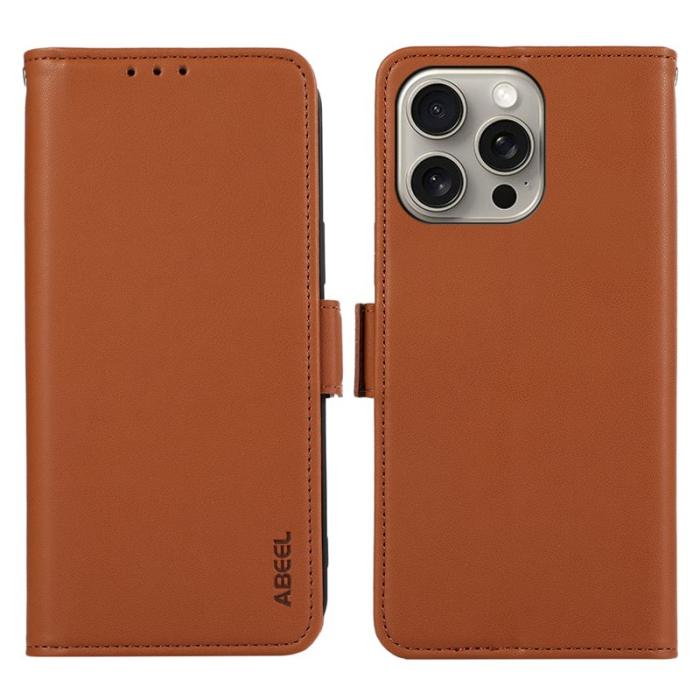 ABEEL - ABEEL iPhone 13 Pro Case RFID-Skydd Konstläder Plånboksfodral - Brun