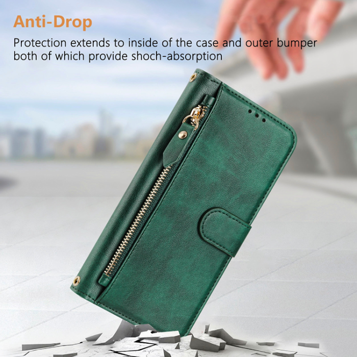 A-One Brand - iPhone 17 Pro Plånboksfodral Zipper Pocket Läder - Grön