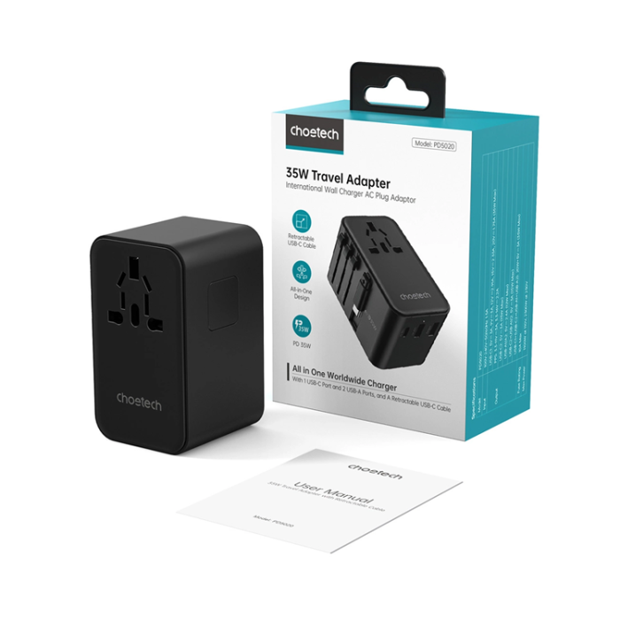 Choetech - Chotech Väggladdare Reseadapter 35W Med Built-In USB-C Kabel