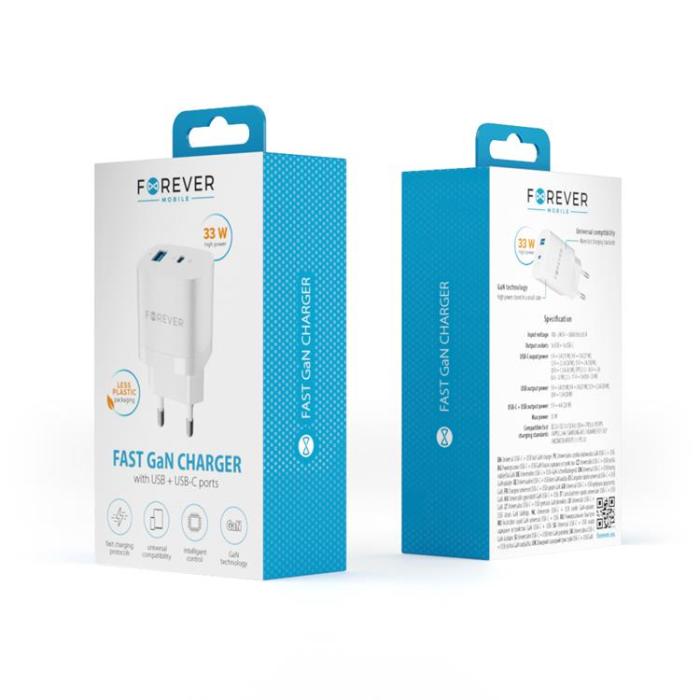 Forever - Forever GaN Väggladdare 1x USB-C 1x USB 33W TC-05 - Vit