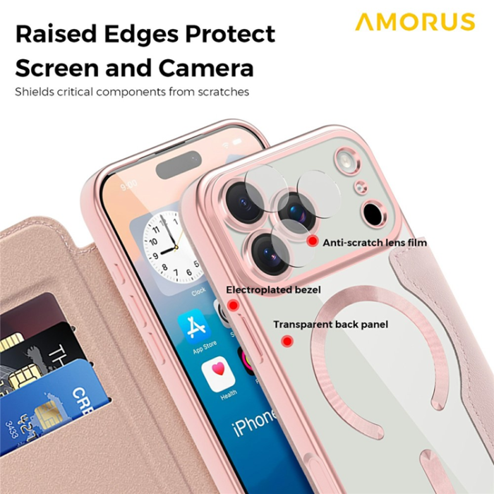 Amorus - AMORUS iPhone 17 Pro Max Plånboksfodral MagSafe RFID - Rosa