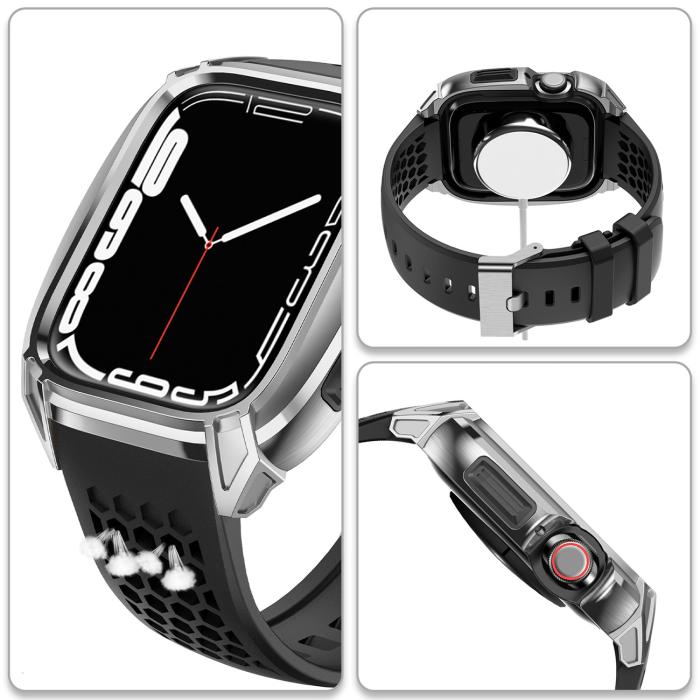 Kingxbar - Kingxbar Apple Watch 7/8 (45mm) Armband CYF148 2in1 Rugged Armored - Silver
