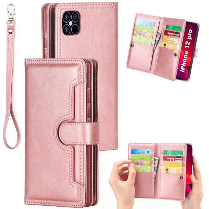 OEM - Multiple Card Slots Äkta Läder Plånboksfodral iPhone 12 Mini - Rose Gold