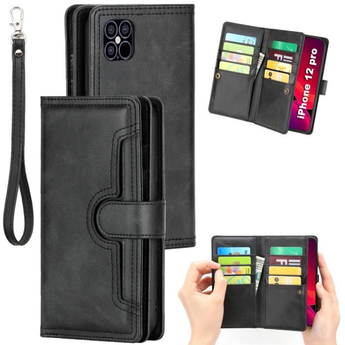 OEM - Multiple Card Slots Äkta Läder Plånboksfodral iPhone 12 Mini - Svart