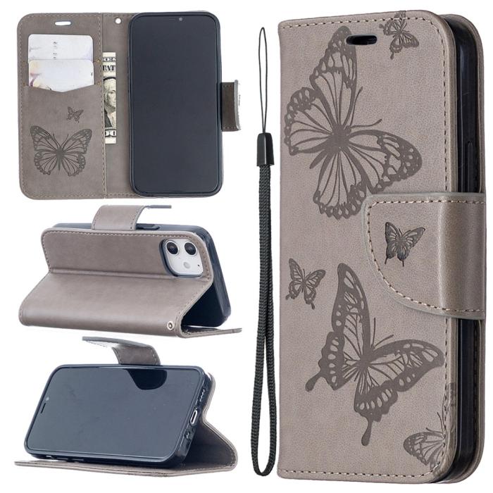 UTGATT1 - Imprint Butterfly Plånboksfodral iPhone 12 mini - Grå