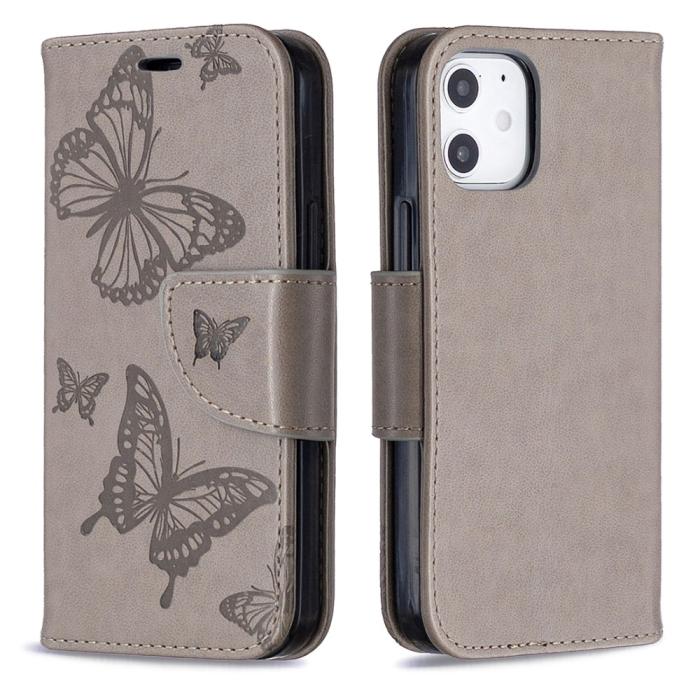 UTGATT1 - Imprint Butterfly Plånboksfodral iPhone 12 mini - Grå