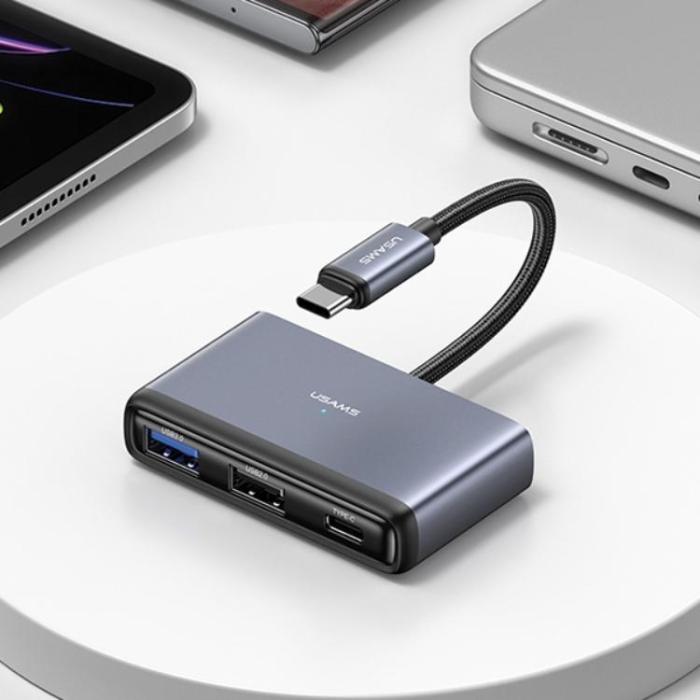USAMS - USAMS 5in1 Adapter Hubb USB-C, 2xUSB-A, TF, SD - Grå