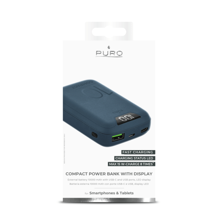 UTGATT5 - Puro - Powerbank 10000 mAh Display USB-A+USB-C 15W - Blå