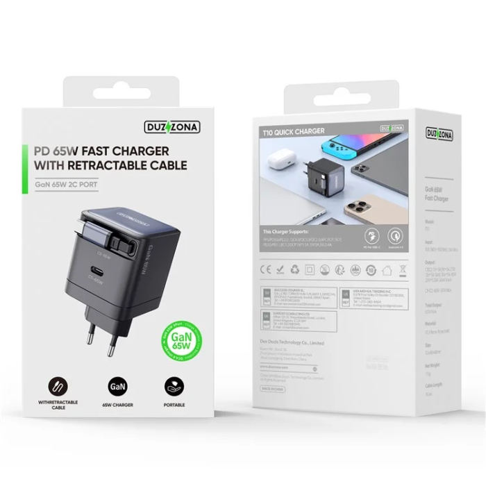 DUZZONA - DUZZONA GaN Snabbladdare USB-C 65W Retractable USB-C Kabel EU