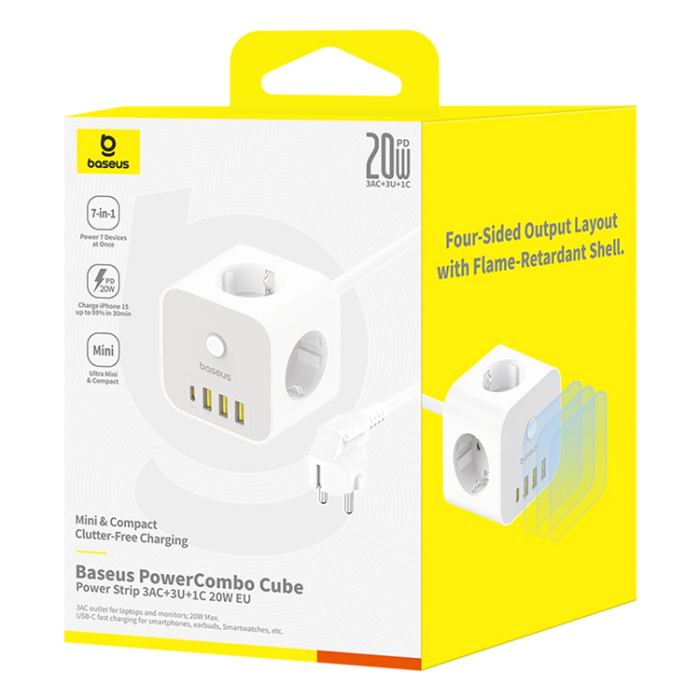 BASEUS - Baseus Power Strip Cube 20W 3xAC 3xUSB-A 1xUSB-C 1.5m - Vit