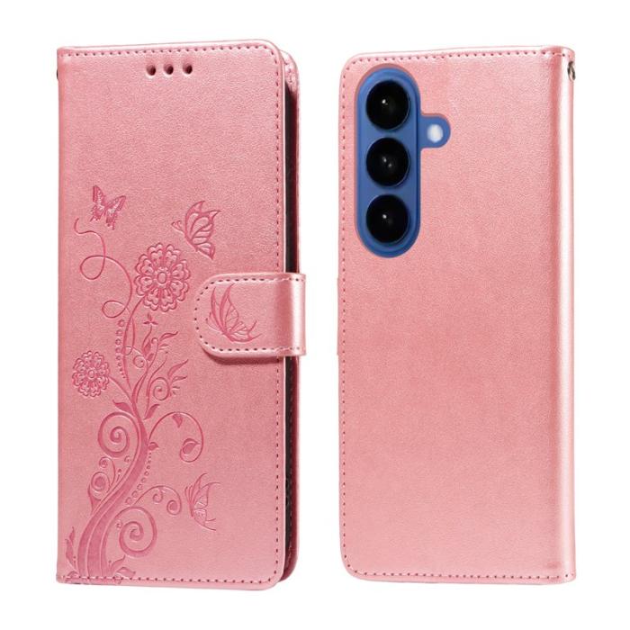 OEM - Samsung Galaxy S26 Plus Plånboksfodral Konstläder Fjäril Blommönster - Rosa