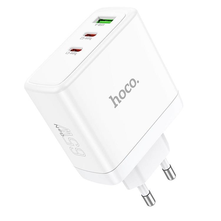 Hoco Väggladdare 2 x Type C + USB A 65W GaN - Vit
