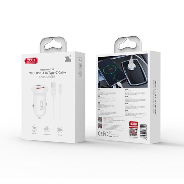 XO - XO Billaddare 30W USB-A/USB-C med Kabel USB-A/USB-C PD QC Vit