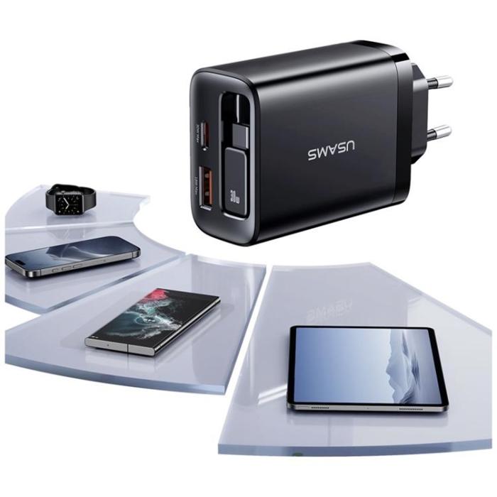 USAMS - USAMS Snabbladdare 30W 1xUSB-C 1xUSB-A Med USB-C Kabel - Vit