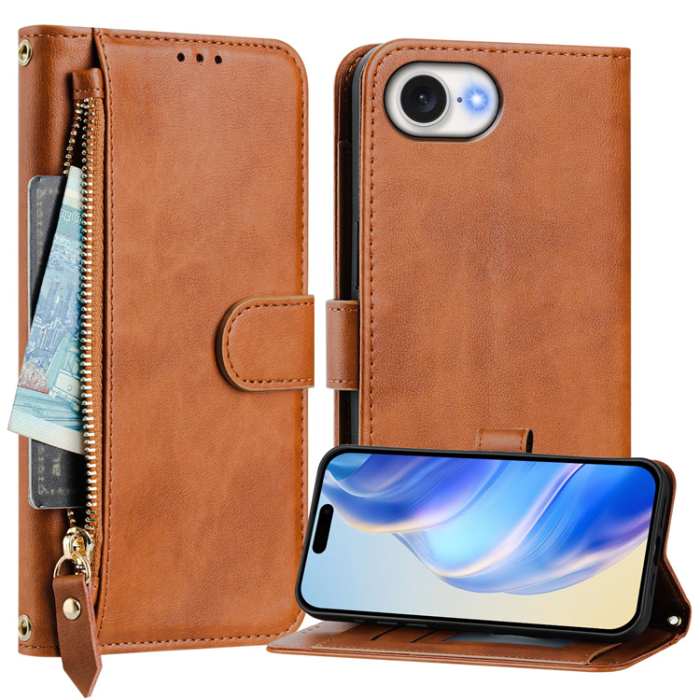 A-One Brand - iPhone 16e Plånboksfodral Zipper Pocket Läder - Brun