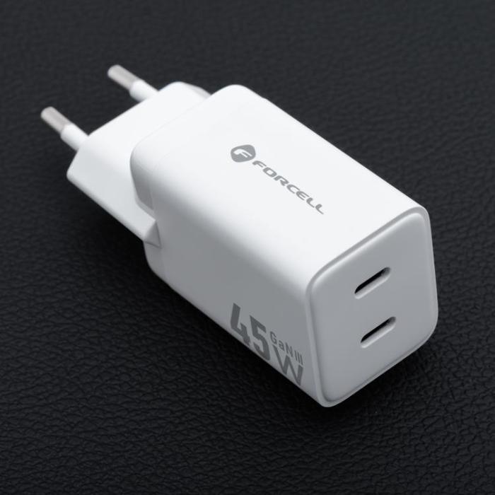 Forcell - Forcell GaN III Snabbladdare 45W 2x USB-C PD QC Mini - Vit