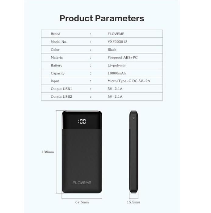 Floveme - Floveme Powerbank Twill Digital Display 10000mah - Svart