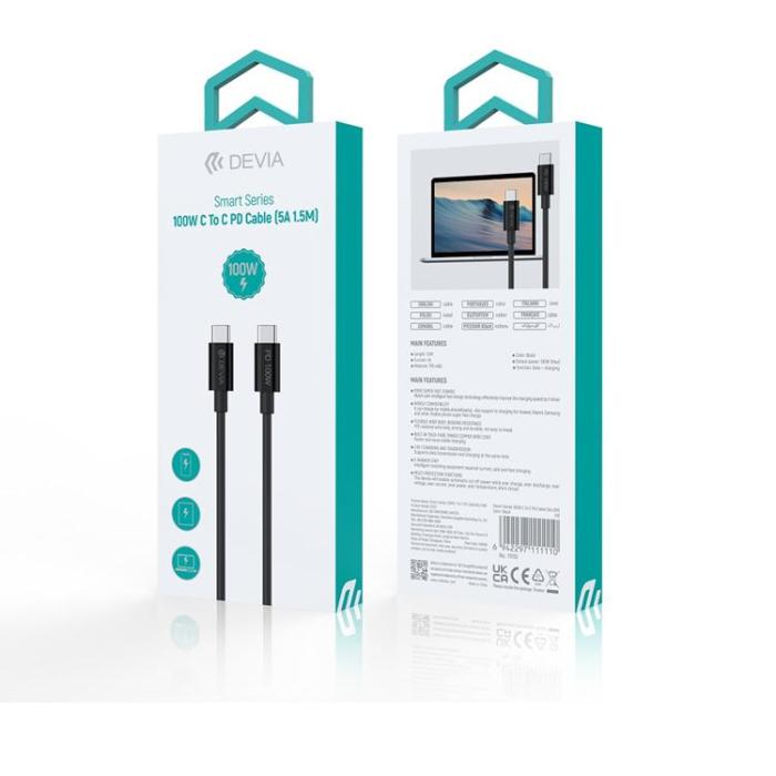 Devia - Devia USB-C Till USB-C 100W 5A Kabel 1.5m Smart - Svart