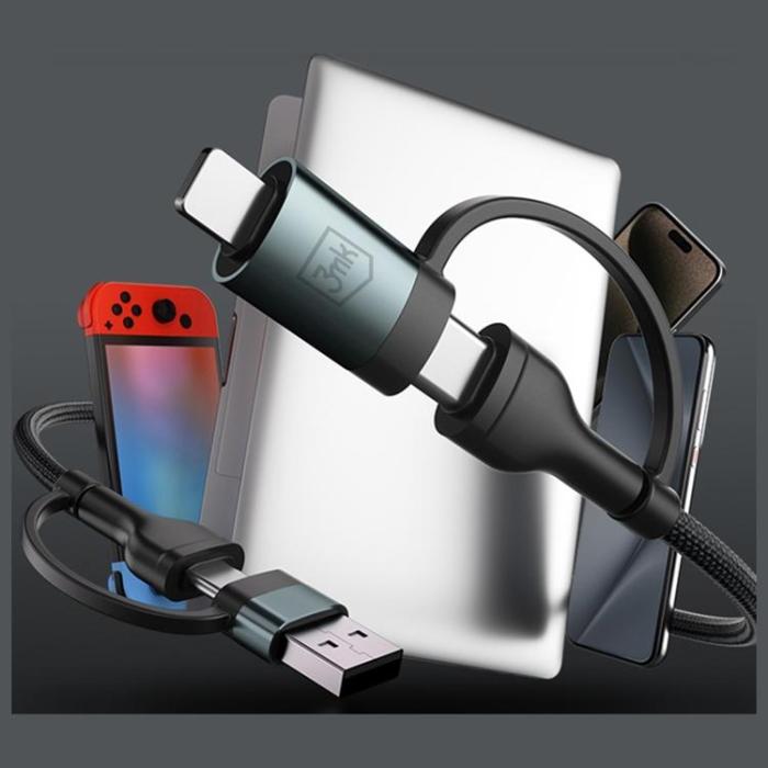 3MK - 3MK USB-A/USB-C till USB-C/Lightning 60W kabel 9V/2A 1.2m Hyper - Svart