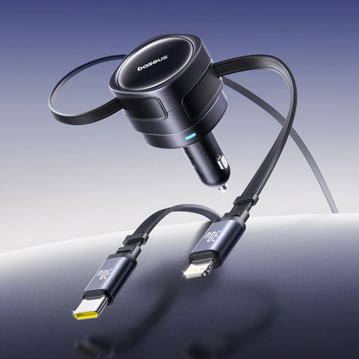 BASEUS - Baseus Billaddare USB-C Till Lightning Kabel Retractable 60W - Svart