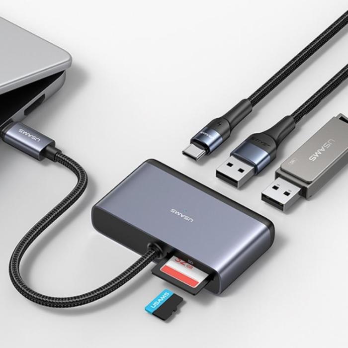 USAMS - USAMS 5in1 Adapter Hubb USB-C, 2xUSB-A, TF, SD - Grå