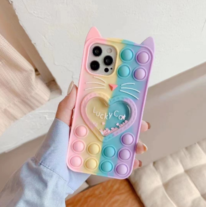 UTGATT5 - Love Cat Pop it Fidget Skal iPhone 7/8/SE 2020 - Rainbow