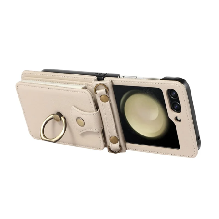 A-One Brand - Galaxy Z Flip7 Plånboksfodral Ring Kickstand med Lång rem - Beige