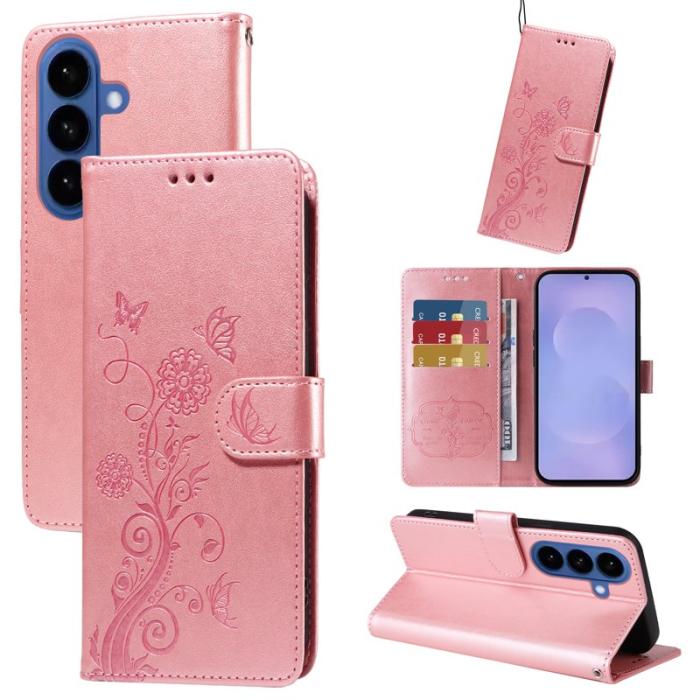 OEM - Samsung Galaxy S26 Plus Plånboksfodral Konstläder Fjäril Blommönster - Rosa