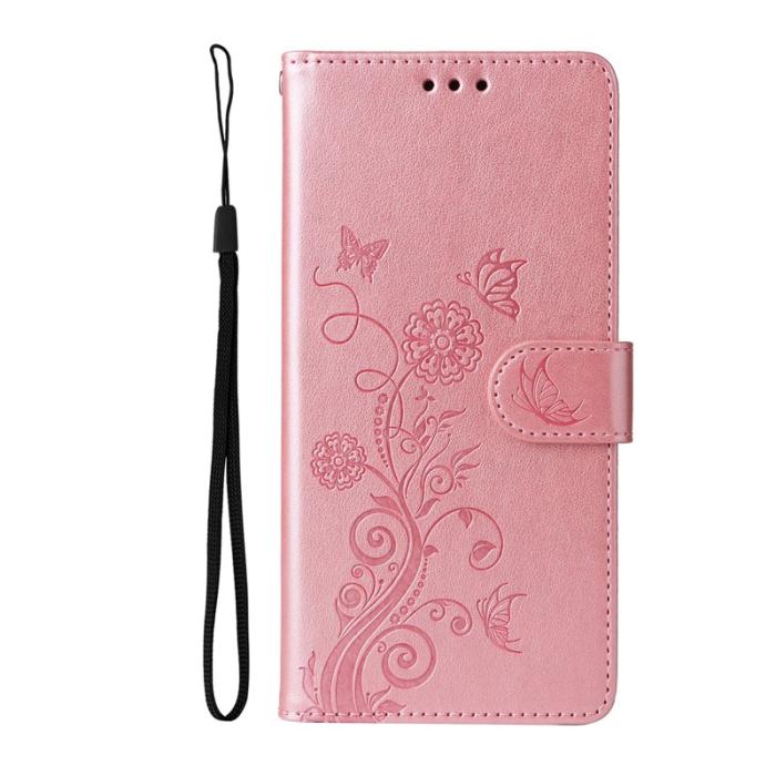 OEM - Samsung Galaxy S26 Plus Plånboksfodral Konstläder Fjäril Blommönster - Rosa