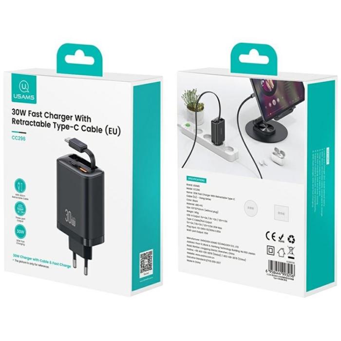 USAMS - USAMS Snabbladdare 30W 1xUSB-C 1xUSB-A Med USB-C Kabel - Vit