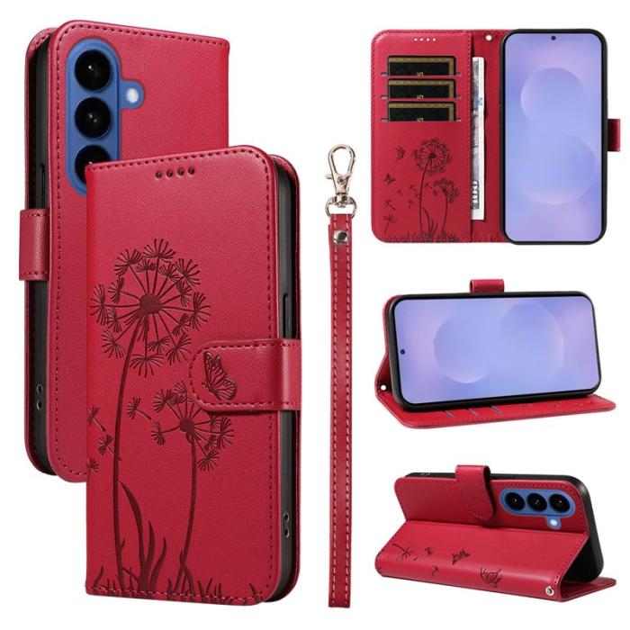 OEM - Samsung Galaxy S26+ Plånboksfodral Konstläder Med Rem Dandelion - Röd
