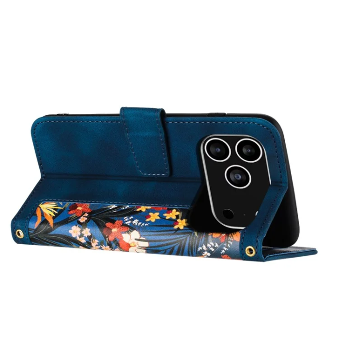 A-One Brand - iPhone 17 Pro Plånboksfodral Floral Konstläder - Blå