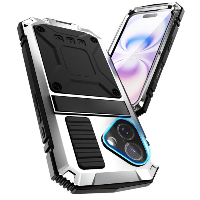R-JUST - R-JUST Mobilskal till iPhone 17 PC + Silikon + Metall Ställ - Silver