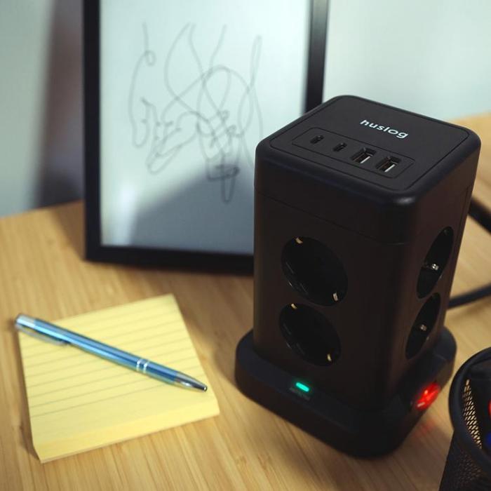 Huslog - Huslog Vertikal Förlängningssladd med USB - Svart