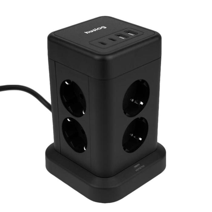 Huslog - Huslog Vertikal Förlängningssladd med USB - Svart