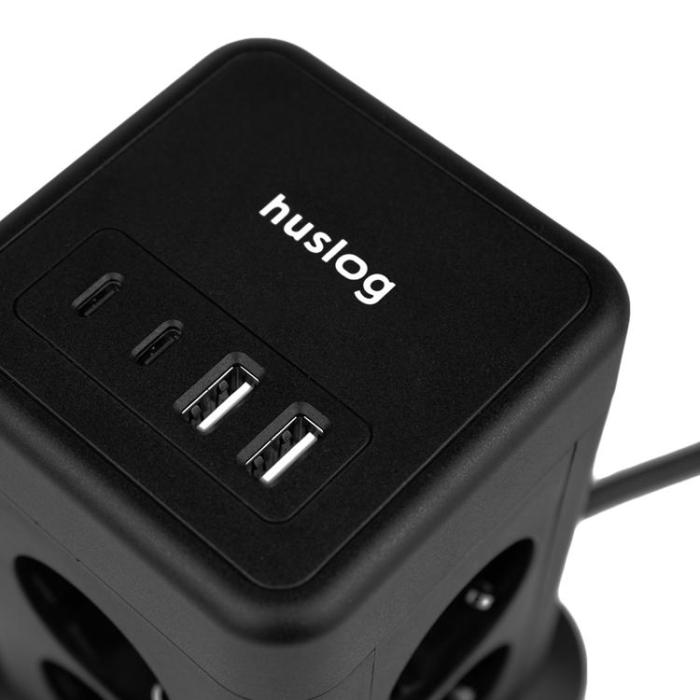 Huslog - Huslog Vertikal Förlängningssladd med USB - Svart