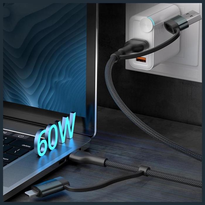 3MK - 3MK USB-A/USB-C till USB-C/Lightning 60W kabel 9V/2A 1.2m Hyper - Svart