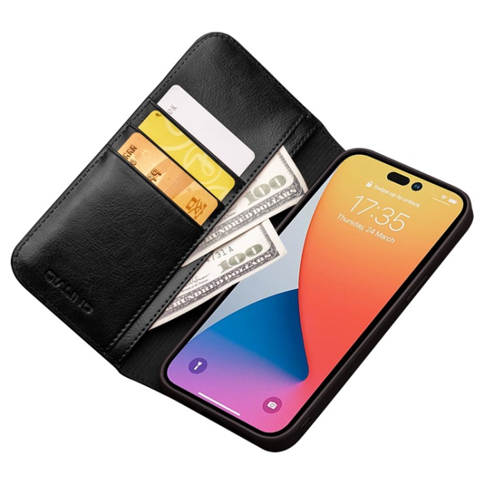 QIALINO - Qialino iPhone 14 Pro Plånboksfodral Äkta Läder Korthållare