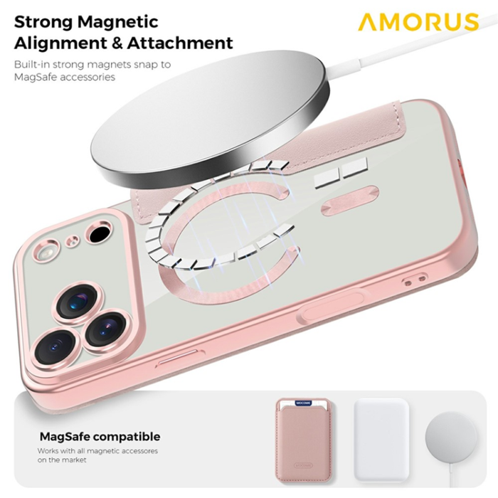 Amorus - AMORUS iPhone 17 Pro Max Plånboksfodral MagSafe RFID - Rosa