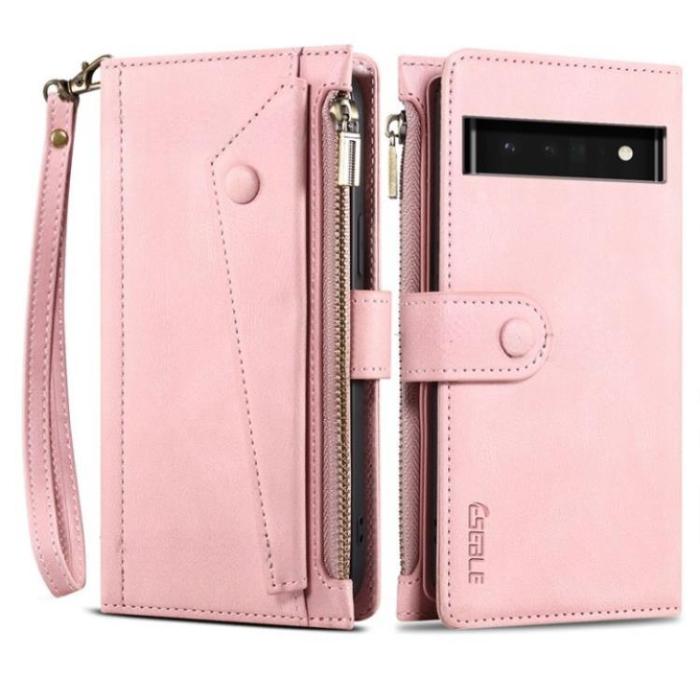 ESEBLE - ESEBLE Google Pixel 6a Plånboksfodral Zippered Kickstand - Rosa