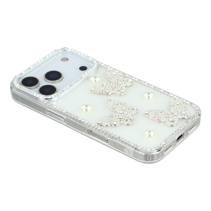 A-One Brand - iPhone 17 Pro Max Mobilskal Rhinestone Edge Pearl Butterfly