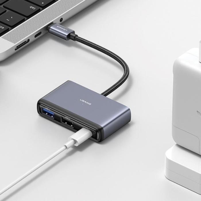 USAMS - USAMS 5in1 Adapter Hubb USB-C, 2xUSB-A, TF, SD - Grå