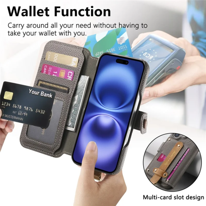 A-One Brand - iPhone 17 Pro Max Konstläder Plånboksfodral RFID-Skydd Zipper - Grå