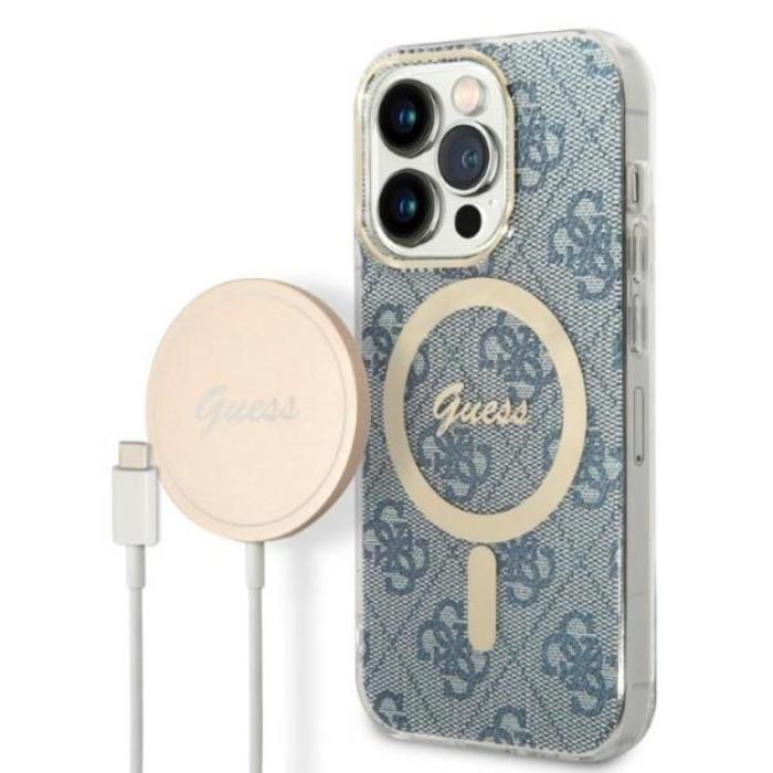 Guess - GUESS iPhone 14 Pro Max Magsafe Skal Print + Trådlös Laddare - Blå