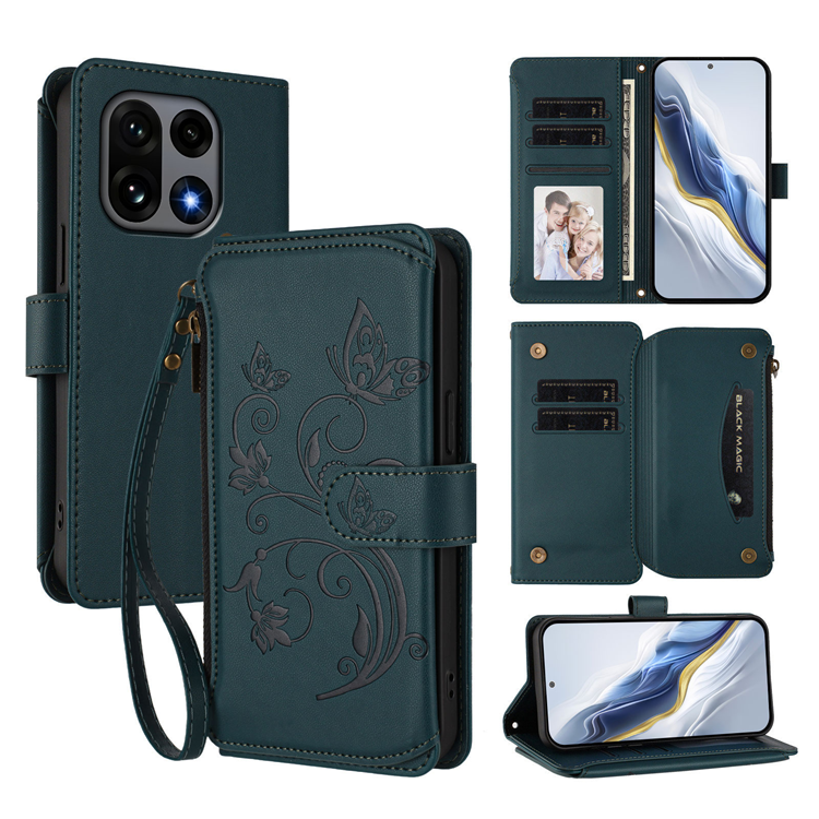 OnePlus 15 Konstläder Plånboksfodral Butterfly Floral Imprint Zipper (Grön) | 2353 | AlltMobil