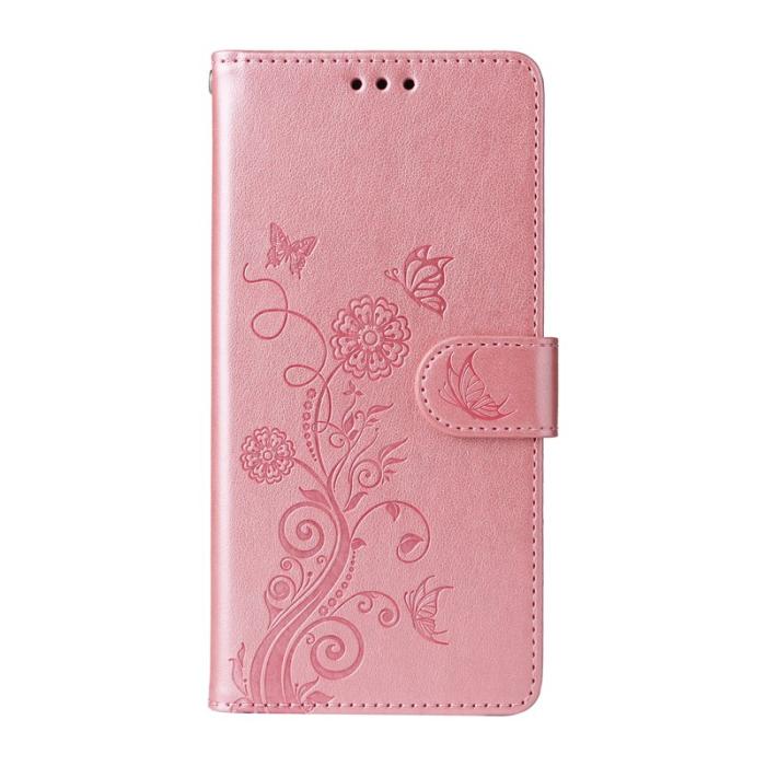 OEM - Samsung Galaxy S26 Plus Plånboksfodral Konstläder Fjäril Blommönster - Rosa