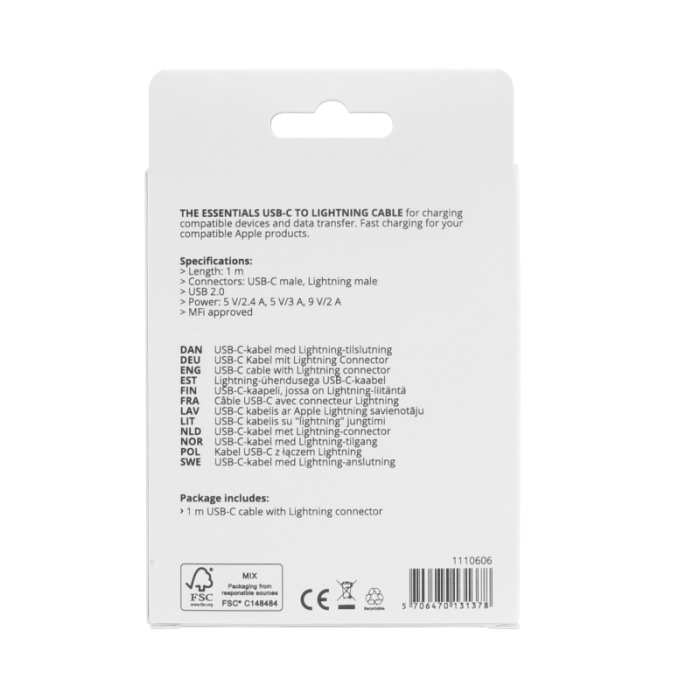 UTGATT1 - Essentials MFi USB-C Lightning Cable 1m - Svart