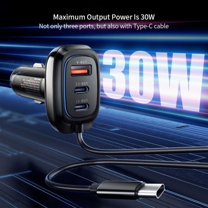 OEM - XUNDD XDCH-080 30W 3-Port Billaddare (2 USB-C + USB-A) med Kabel