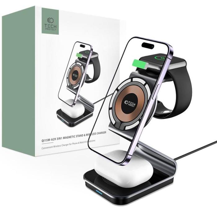 Tech-Protect - Tech-Protect 3-in-1 Trådlös laddare iPhone, Apple Watch, AirPods - Svart