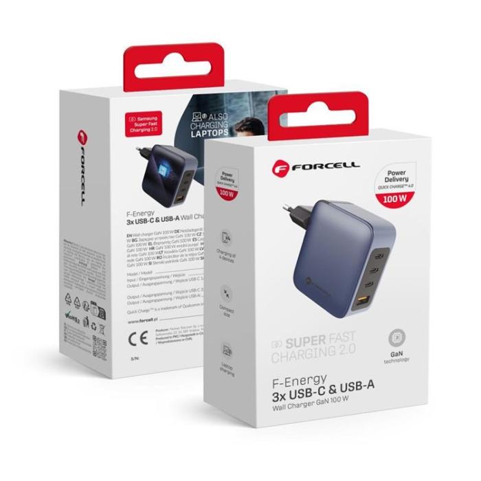 Forcell - Forcell F-Energy GaN Väggladdare 100W 3xUSB-C 1xUSB-A - Grå